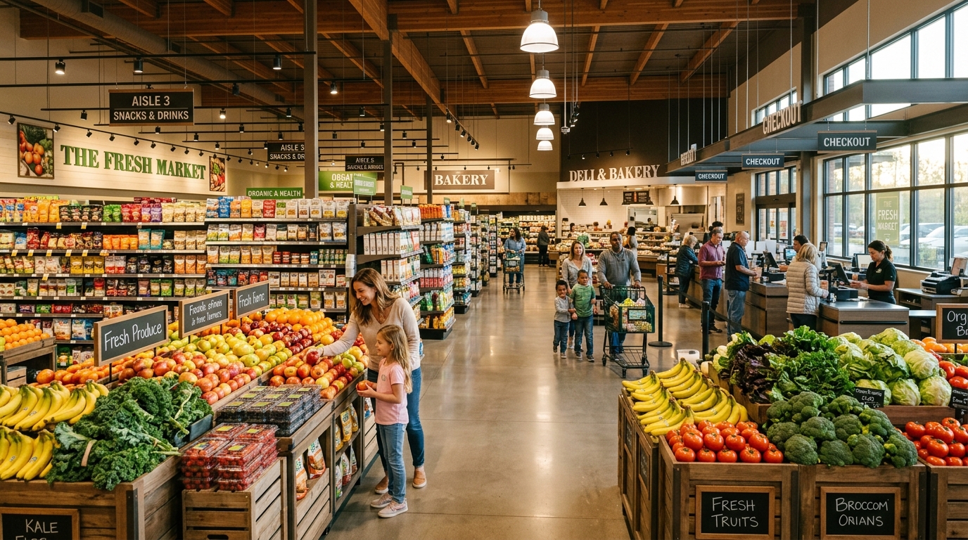 Harshi's Mart - Modern supermarket environment with fresh produce and grocery sections